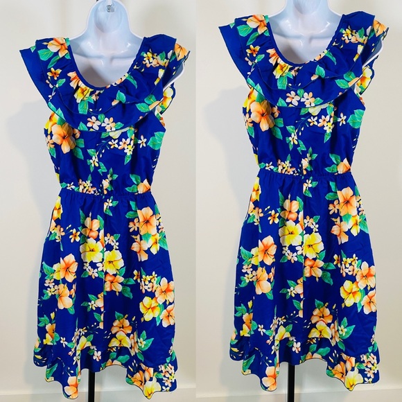 Vintage Blue Hawaiian Print Ruffle Wrap Dress Made in Hawaii Size L - Picture 2 of 11